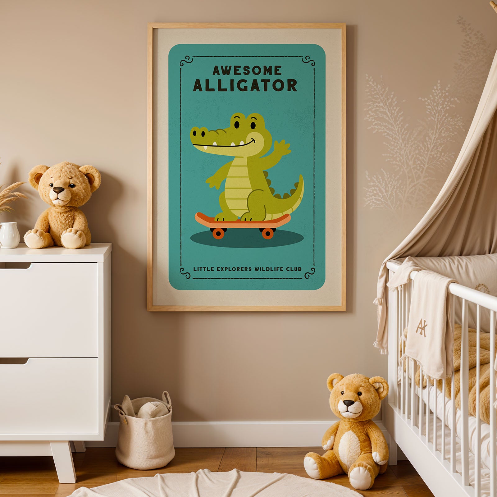a nursery decorated with a framed poster of a cartoon alligator on the wall, a white dresser, a teddy bear, and a baby crib.