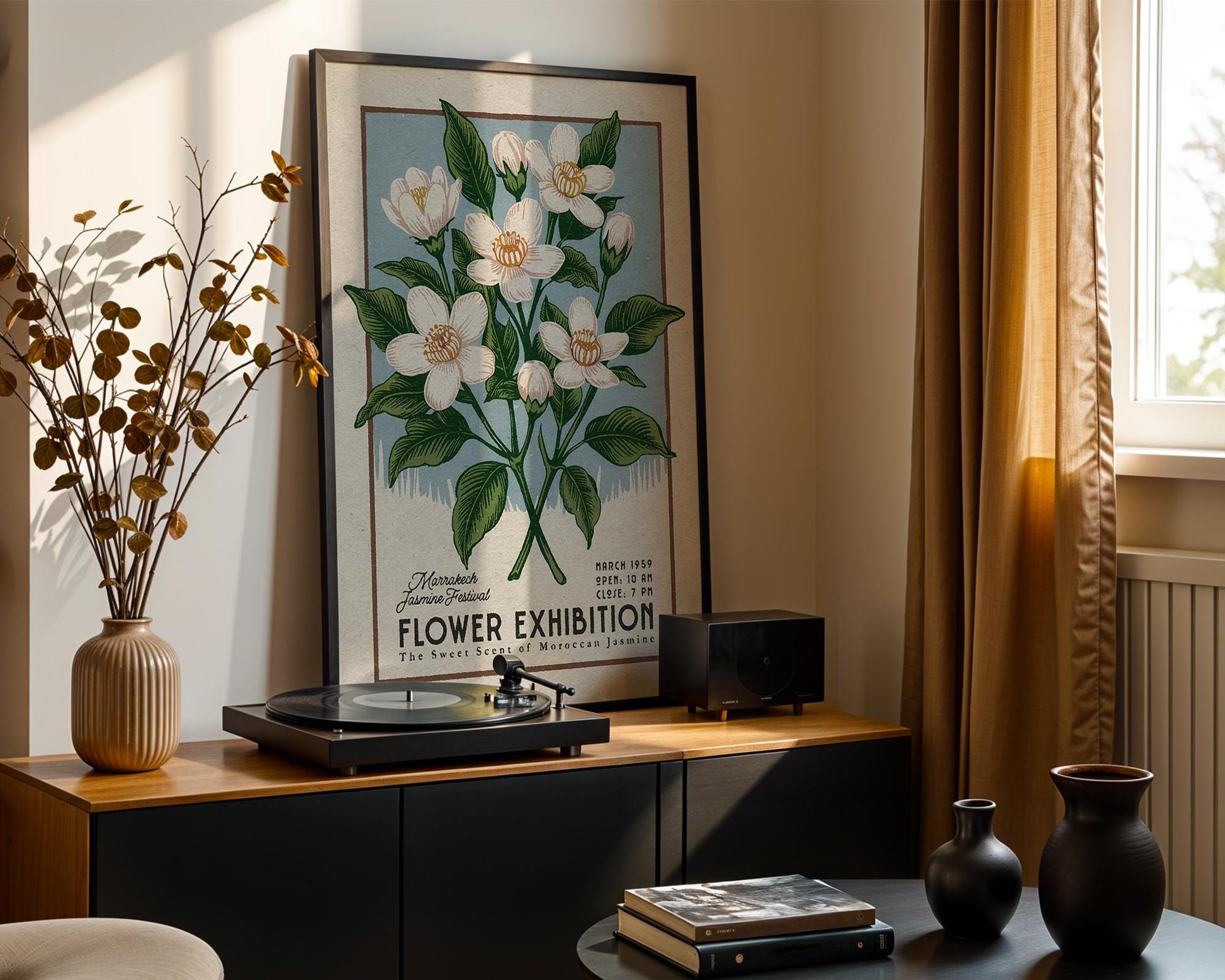 a picture of a flower exhibition in a living room
