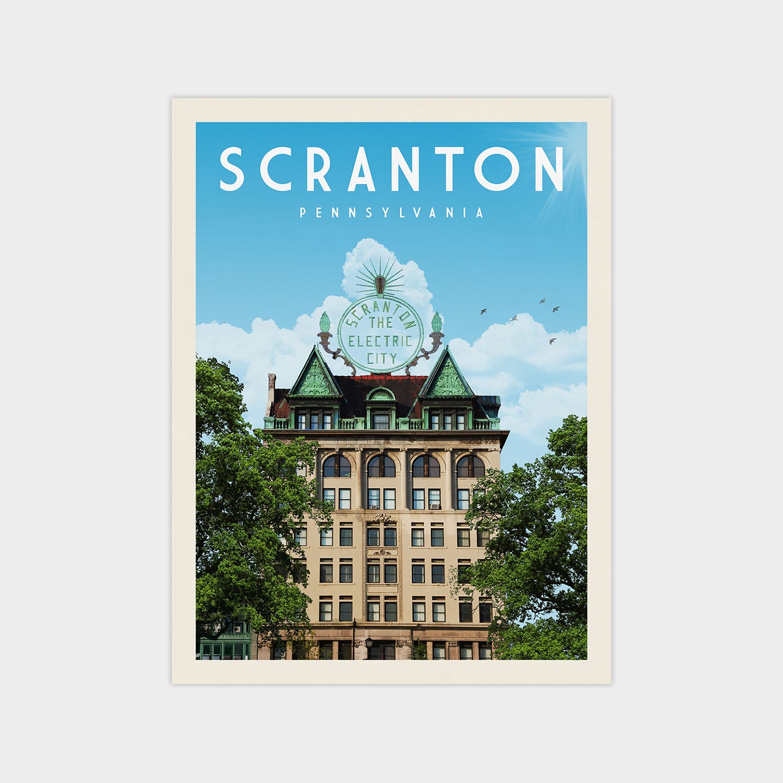 The image is a poster of a building with a green roof and a sign that says "Scranton, Pennsylvania". The building is surrounded by trees, and there are birds flying around it.