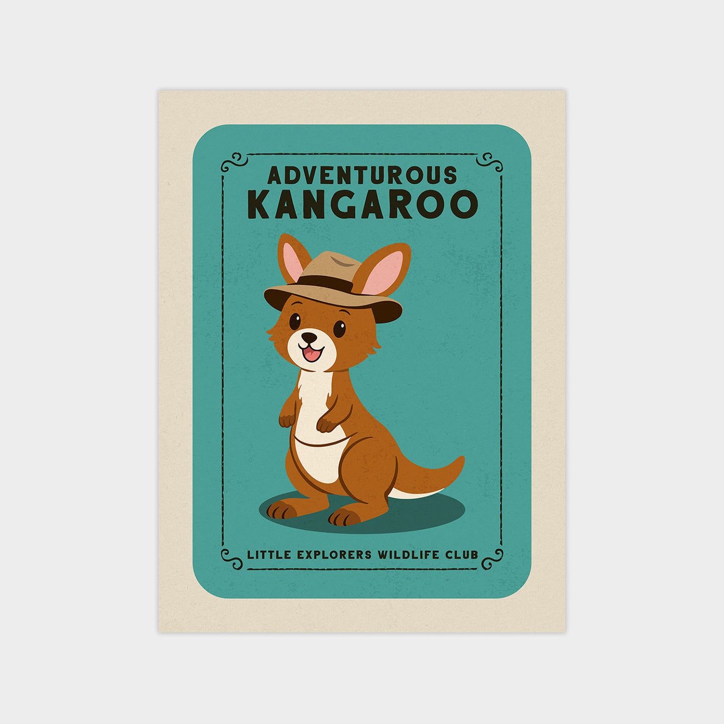 a cartoon kangaroo wearing a hat and standing on its hind legs, with the text "Adventurous Kangaroo" and "Little Explorers Wildlife Club" displayed on the image.