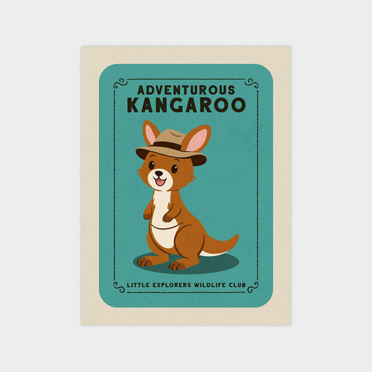 a cartoon kangaroo wearing a hat and standing on its hind legs, with the text "Adventurous Kangaroo" and "Little Explorers Wildlife Club" displayed on the image.