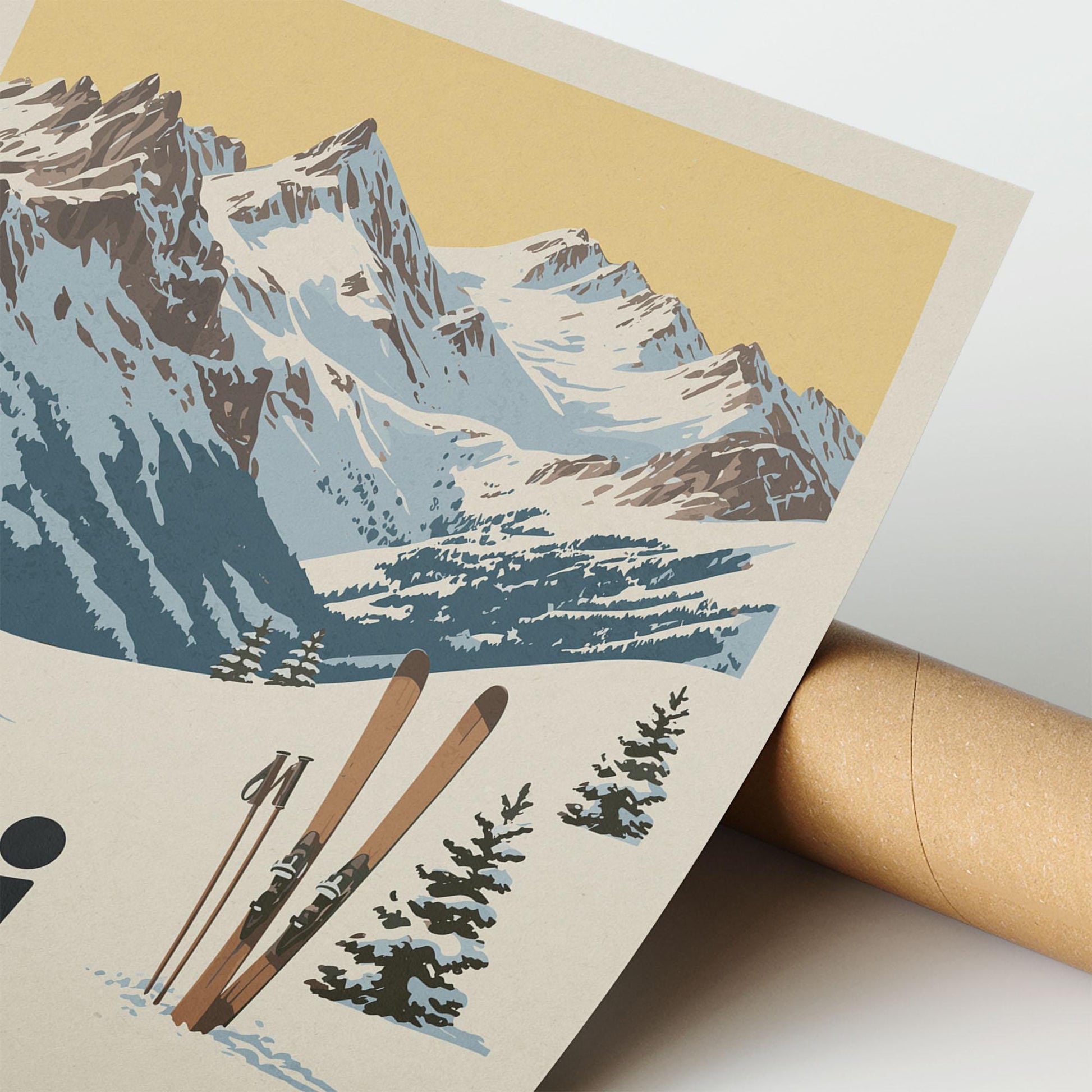 A vintage-style illustration of a snowy mountain landscape with skis and pine trees in the foreground.