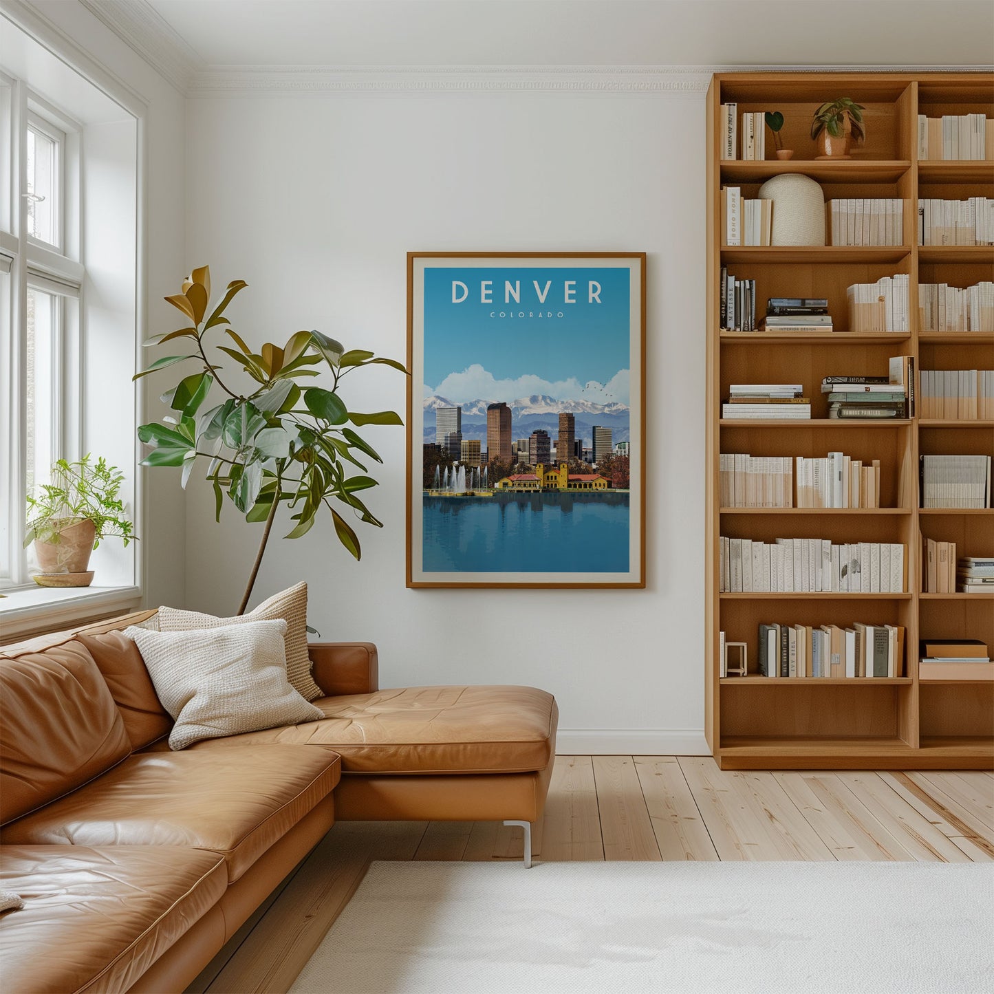 a cozy living room with a large window, a comfortable leather couch, a bookshelf filled with books, and a framed poster of the Denver skyline hanging on the wall.