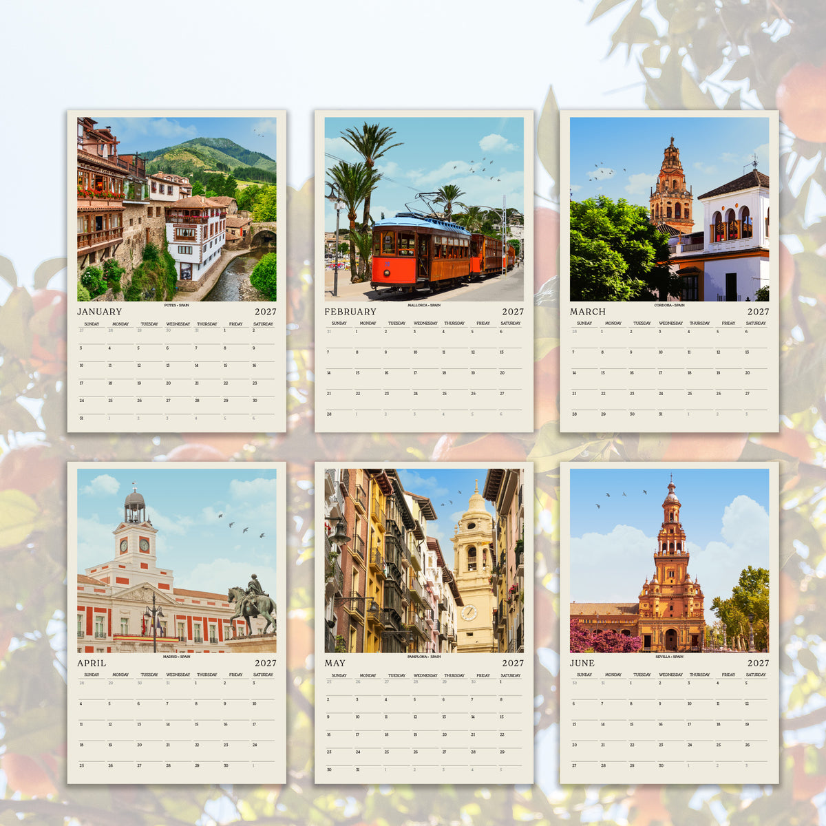 The image is a calendar featuring six different pictures of various landmarks and buildings, including a castle, a trolley, and a church, set against a backdrop of trees and a clear sky.