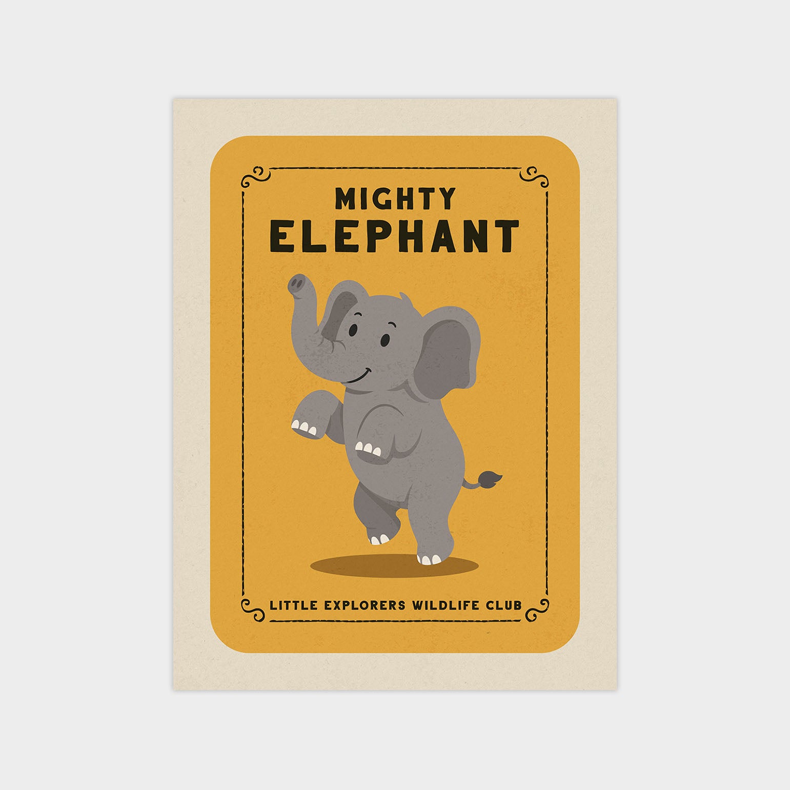 a cartoon elephant standing on its hind legs, with a yellow background and a decorative border.