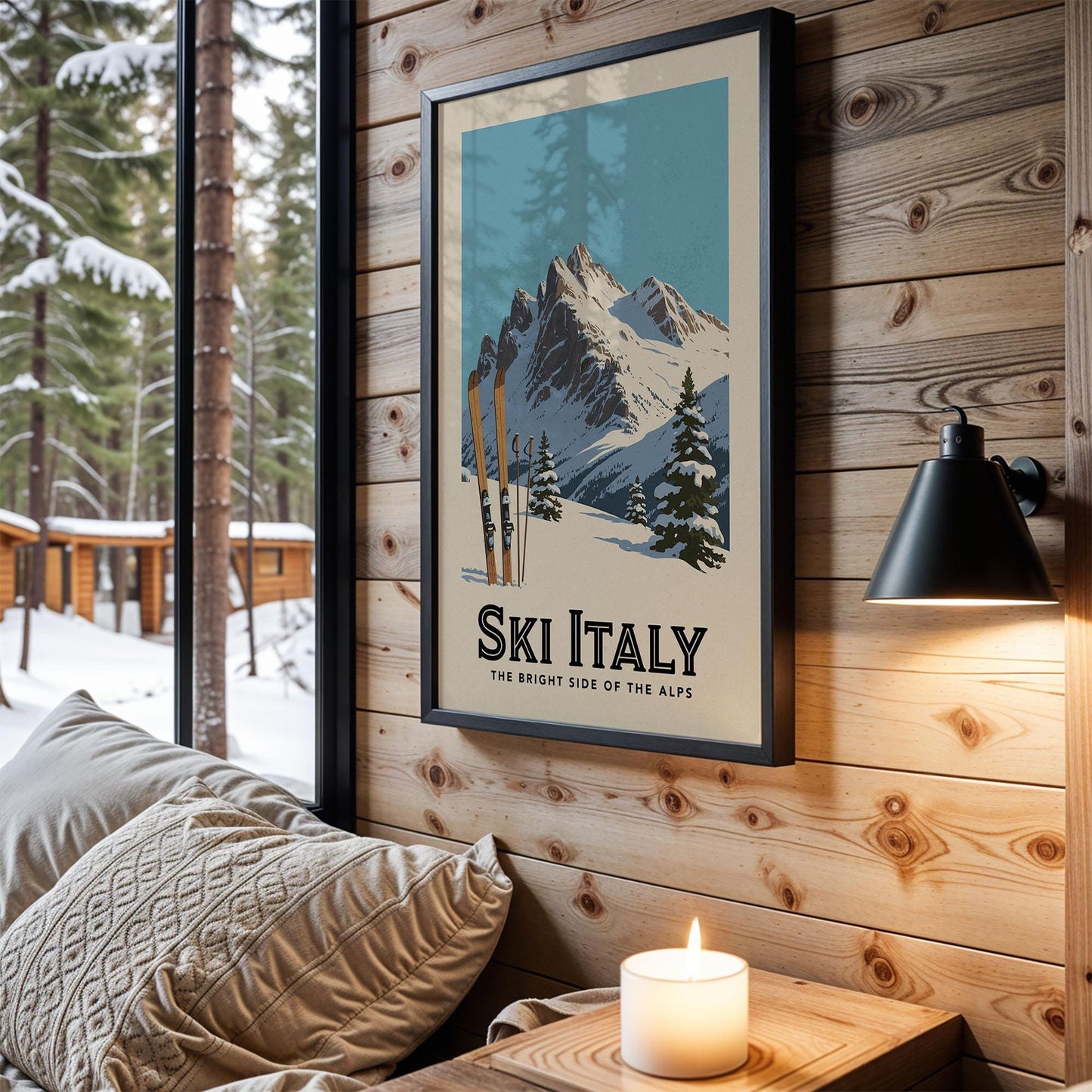 a framed poster of a snowy mountain landscape with ski equipment, hanging on a wooden wall in a cozy cabin setting.