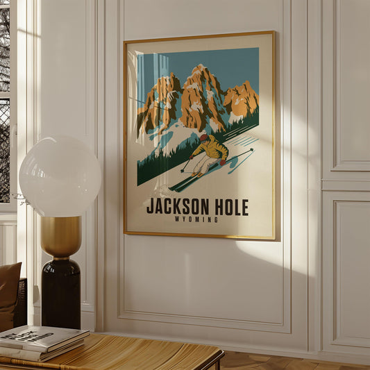 a poster hangs on the wall of a living room
