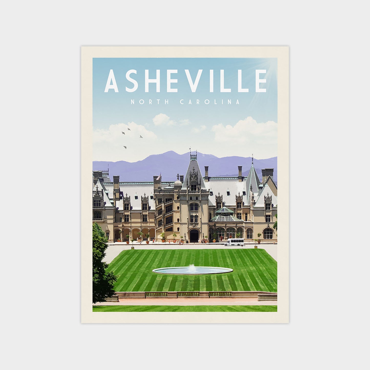 The image is a poster for the city of Asheville, North Carolina, featuring a large, ornate building with a central fountain in the foreground.