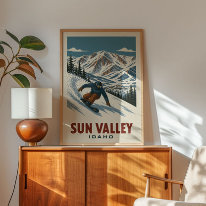 a framed poster of a snowboarder in the Sun Valley, Idaho, with a mountain landscape in the background.