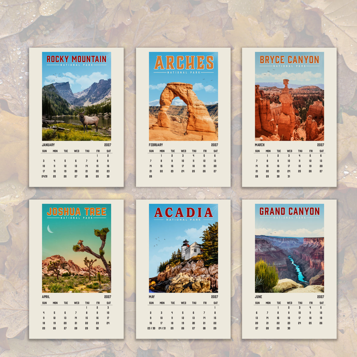 six calendar pages featuring different scenic landscapes, including Rocky Mountain, Arches, Bryce Canyon, Joshua Tree, Acadia, and Grand Canyon.
