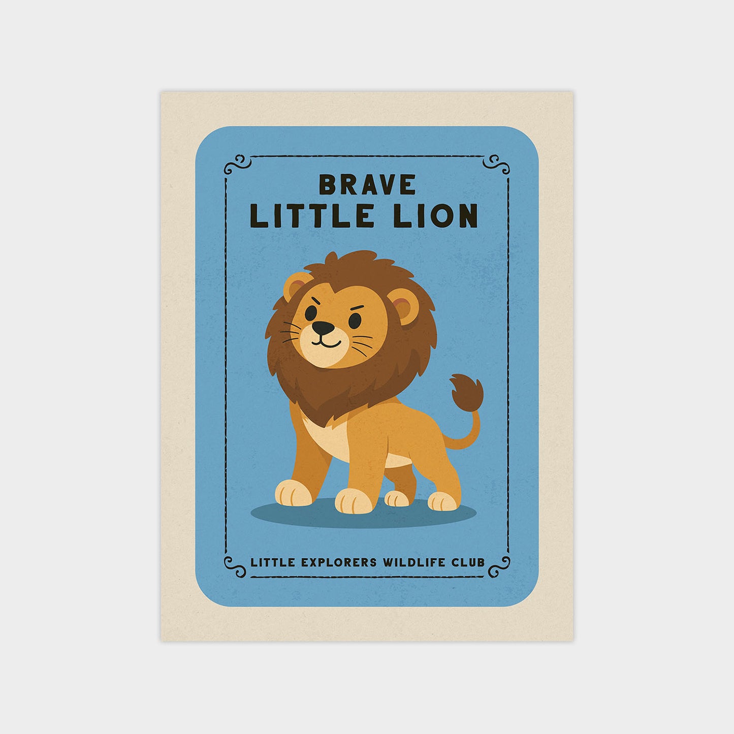 a cartoon lion with a friendly expression, standing on a blue background.