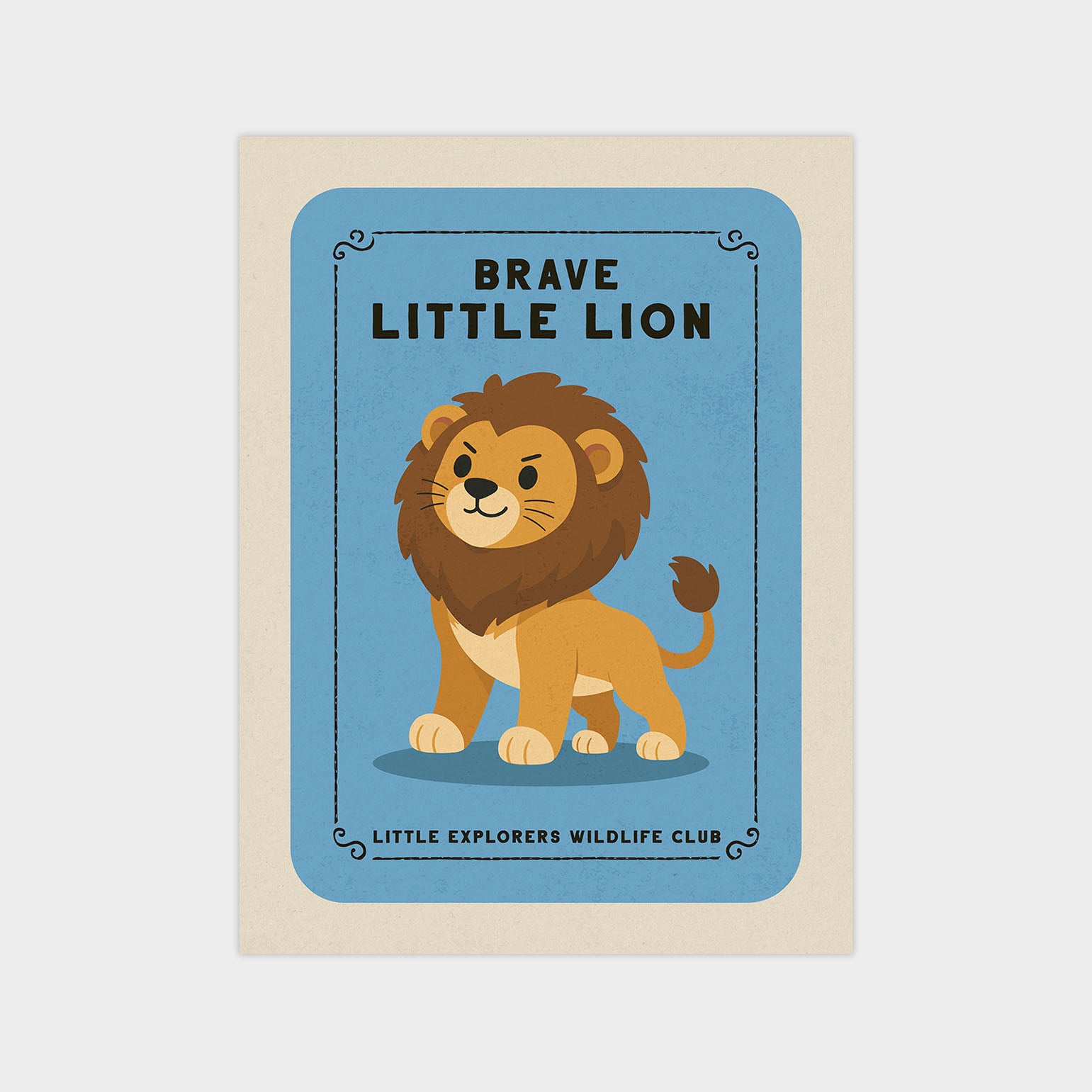 a cartoon lion with a friendly expression, standing on a blue background.