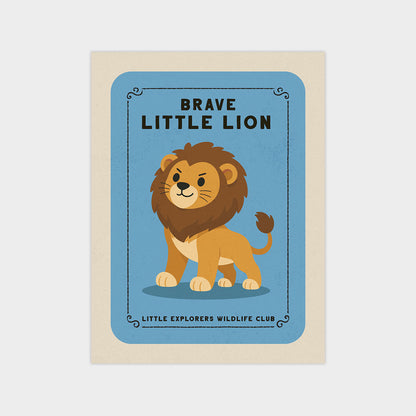a cartoon lion with a friendly expression, standing on a blue background.