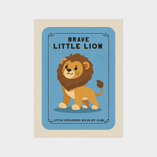 a cartoon lion with a friendly expression, standing on a blue background.