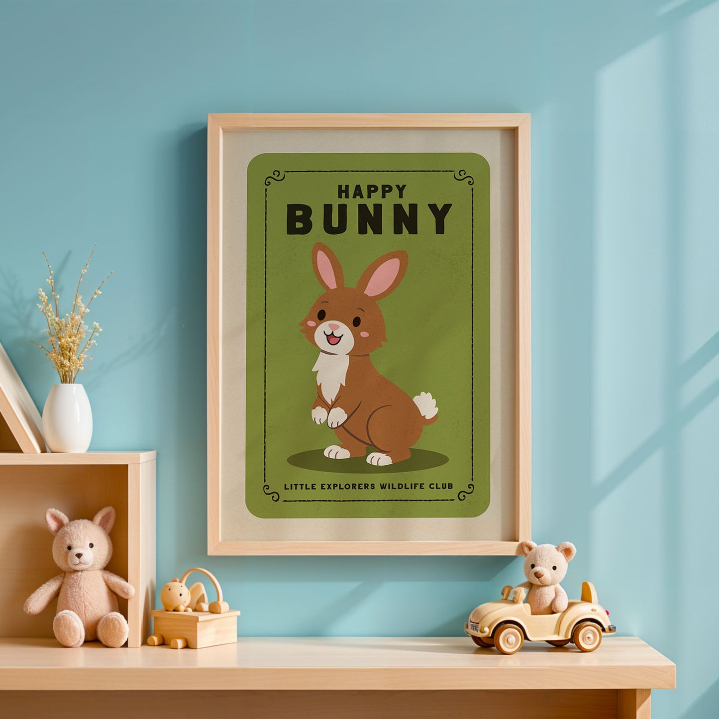a framed poster of a cartoon rabbit on a wall, with a toy car and stuffed animals below it.