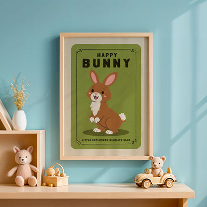 a framed poster of a cartoon rabbit on a wall, with a toy car and stuffed animals below it.
