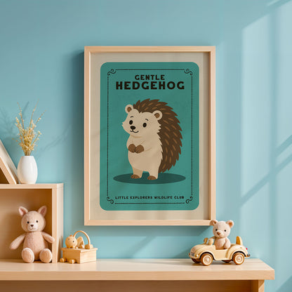 a framed poster of a hedgehog on a blue background, with a wooden shelf below it holding a stuffed animal and a toy car.