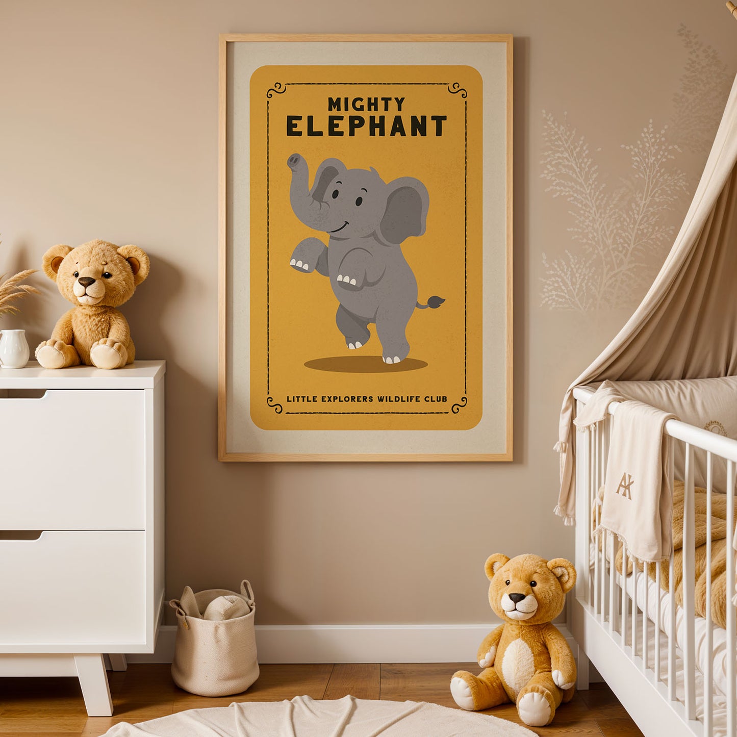 a nursery with a framed poster of a cartoon elephant, a white dresser, a white crib, and two teddy bears.
