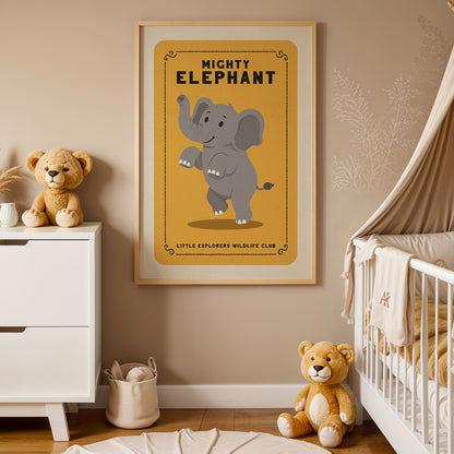 a nursery with a framed poster of a cartoon elephant, a white dresser, a white crib, and two teddy bears.