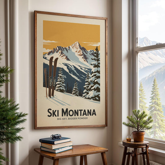 A framed poster of a snowy mountain landscape with ski equipment is displayed on the wall, with a small table and a potted plant in the foreground.