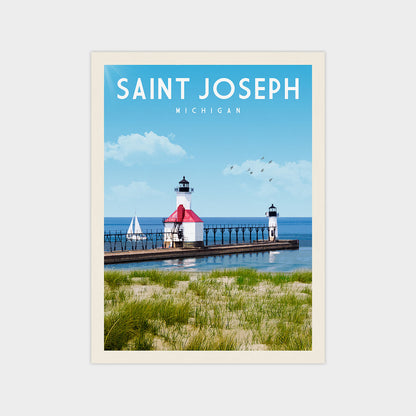 A poster of Saint Joseph, Michigan, featuring a lighthouse and a pier with sailboats in the background.