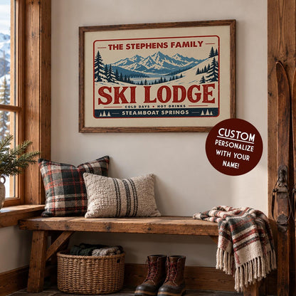 a cozy and rustic interior with a framed poster of a ski lodge, a wooden bench, and various winter decor items such as a plaid pillow, a blanket, and a basket.