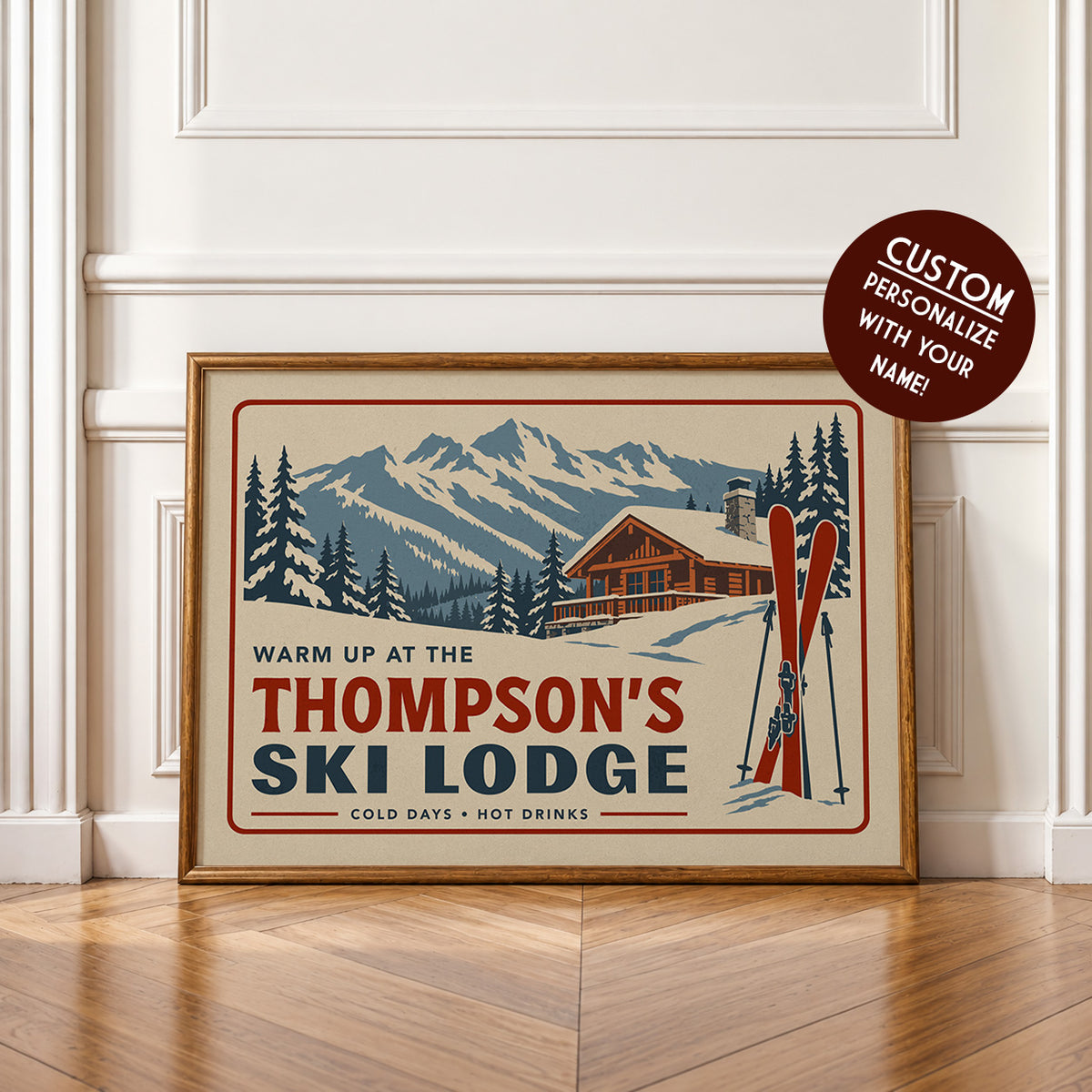 A framed poster advertising the Thompson's Ski Lodge, featuring a winter scene with a ski lodge and snow-covered mountains.