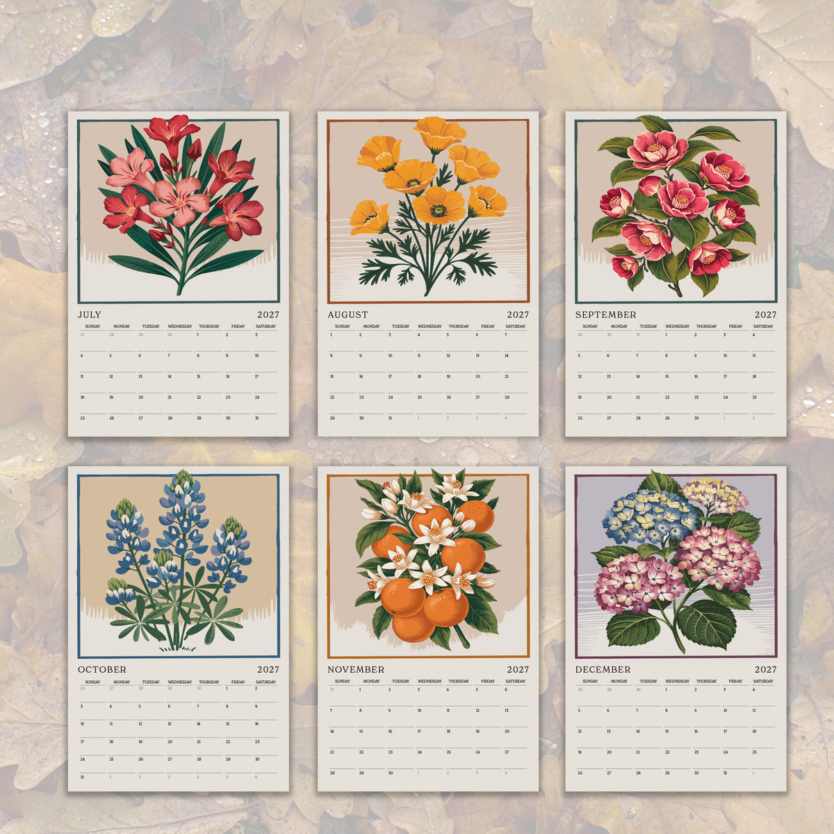 six calendar pages, each featuring a different illustration of flowers and plants. The pages are arranged in a grid format, with each page containing a different type of flower or plant. The illustrations include various colors and styles, showcasing the diversity of the floral designs.