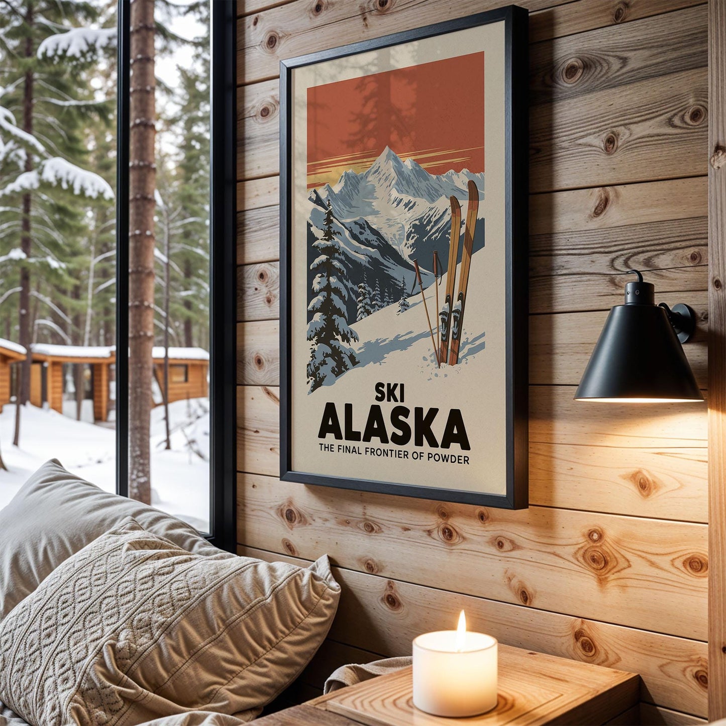 a framed poster of a snowy mountain landscape with skis, hanging on a wooden wall in a cozy cabin setting.