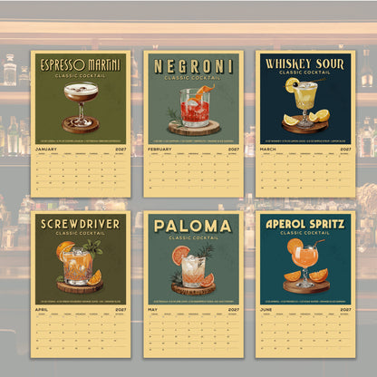 six calendar pages featuring different types of cocktails, including espresso martini, negroni, whiskey sour, screwdriver, paloma, and aperol spritz.