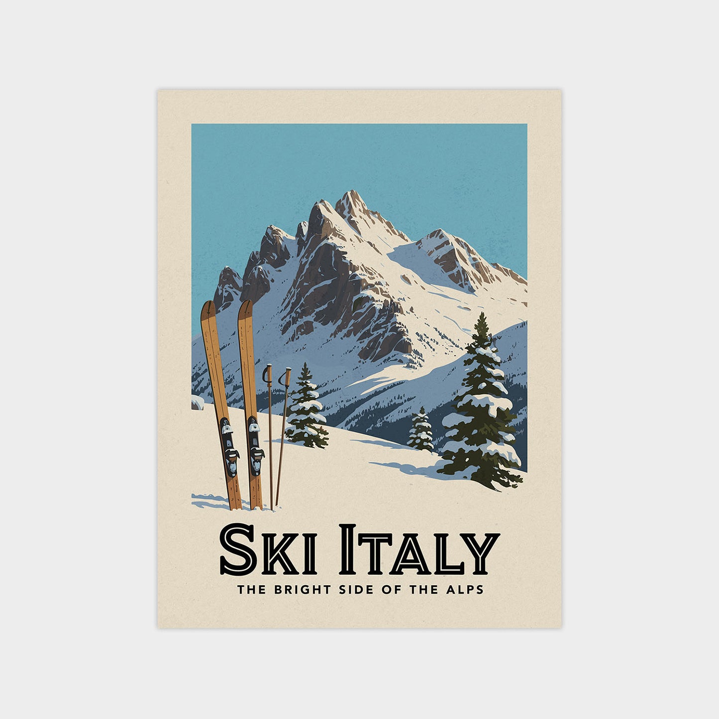 A vintage-style poster depicting a snowy mountain landscape with ski equipment, accompanied by the text "Ski Italy" and "The bright side of the Alps".