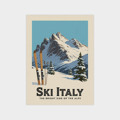 A vintage-style poster depicting a snowy mountain landscape with ski equipment, accompanied by the text "Ski Italy" and "The bright side of the Alps".