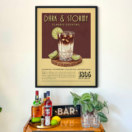 a framed poster advertising a "Dark & Stormy Classic Cocktail" on a wall above a bar counter with various liquor bottles and glasses.
