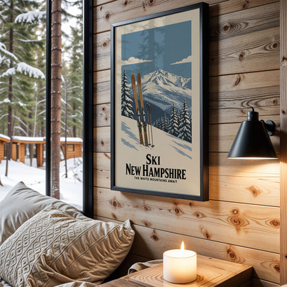 a framed poster of a snowy mountain landscape with skis, hanging on a wooden wall in a cozy cabin setting.