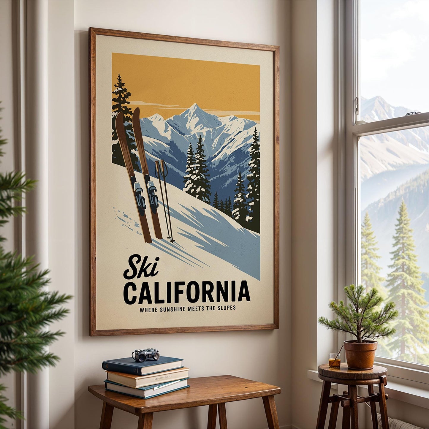 A framed poster of a snowy mountain landscape with skis, hanging on a wall in a room with a window and a small table with books and a plant.