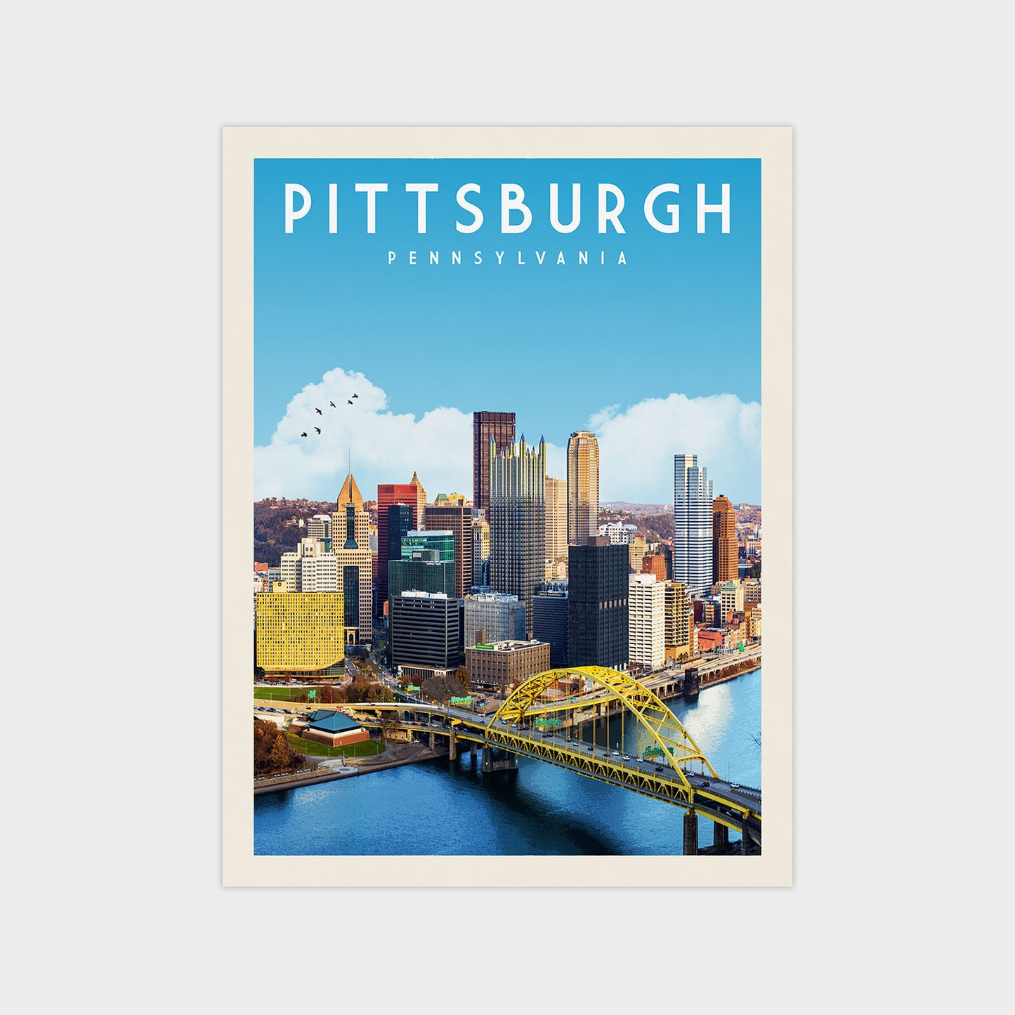 A poster of the Pittsburgh skyline, featuring the city's iconic landmarks and a bridge over the Allegheny River.