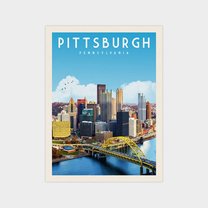 A poster of the Pittsburgh skyline, featuring the city's iconic landmarks and a bridge over the Allegheny River.