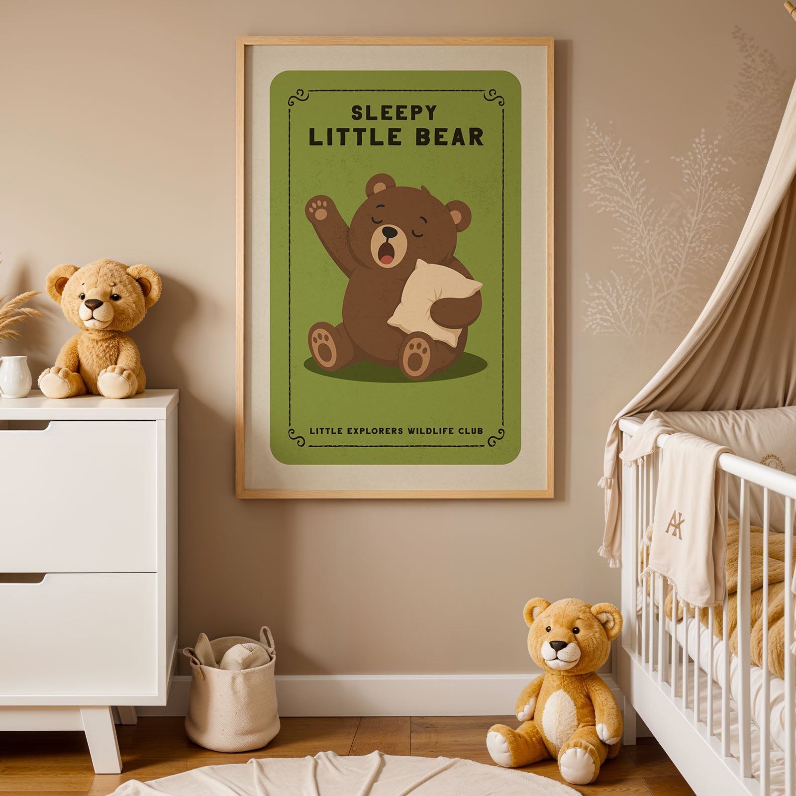 a nursery with a framed poster of a sleeping bear, a white dresser, a white crib, and two teddy bears.