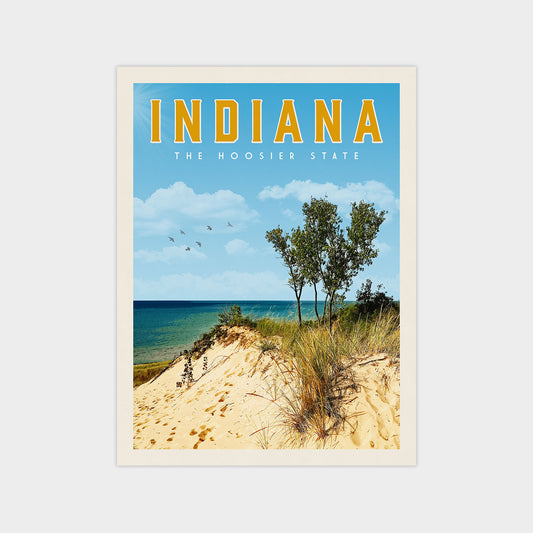 The image is a poster for Indiana, featuring a beach scene with sand dunes, trees, and a body of water.
