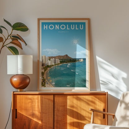 a framed poster of Hawaii, with a view of the ocean and mountains, hanging on a wall next to a lamp and a wooden cabinet.