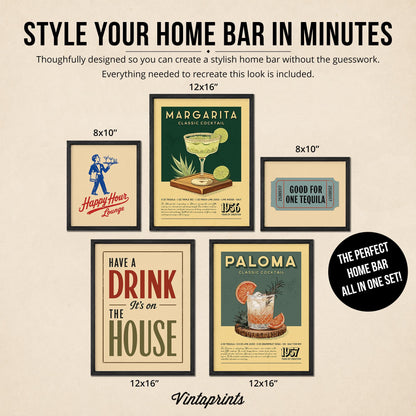 The image is a collection of framed artworks and illustrations related to home bar design, including a Margarita cocktail, a "Good for One Tequila" ticket, and a "Paloma Classic Cocktail" poster. The artworks are framed in a 12x16" size, and the text suggests that these designs can be used to create a stylish home bar without needing to recreate the look.
