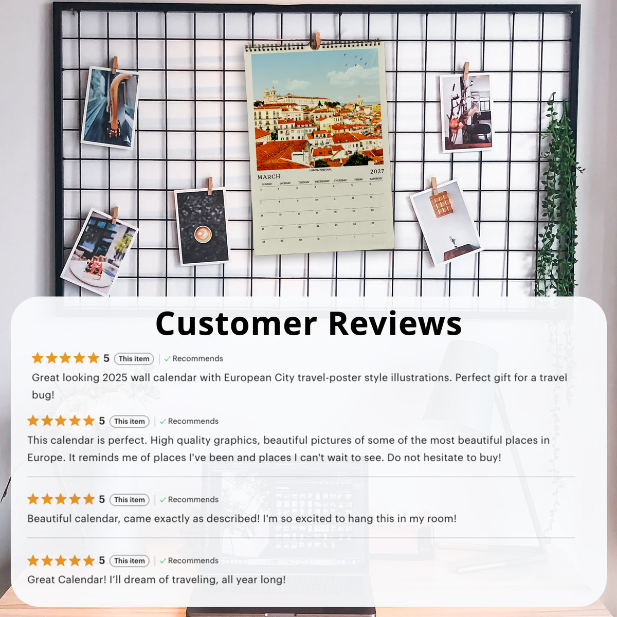 The image is a collage of customer reviews for a wall calendar, featuring a variety of photos and text descriptions.