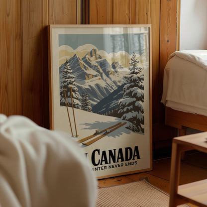 A framed vintage poster of a snowy mountain landscape with skis, depicting a winter scene in Canada.