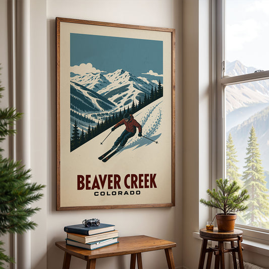 a framed poster of a skier on a snowy mountain, with the text "BEAVER CREEK COLORADO" below the illustration.