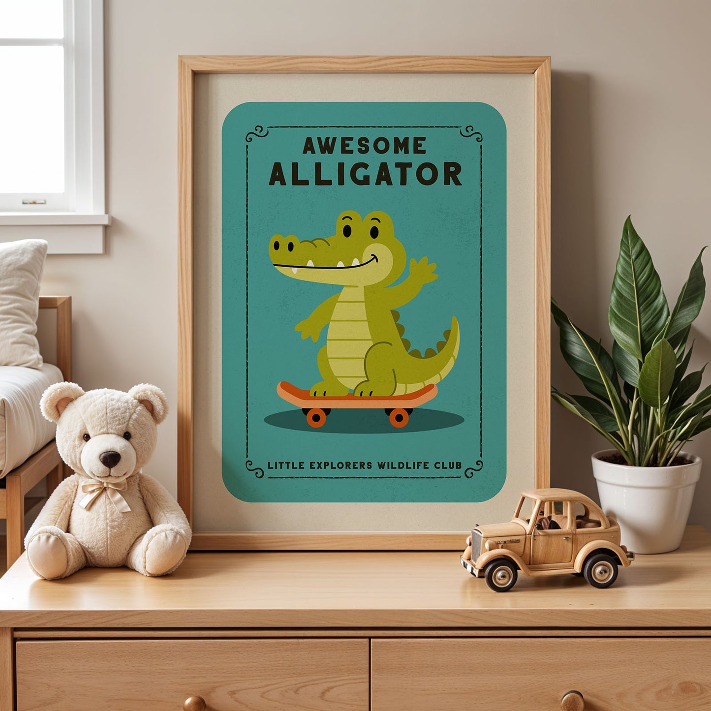 a framed poster of a cartoon alligator on a skateboard, accompanied by a teddy bear and a toy truck on a wooden dresser.