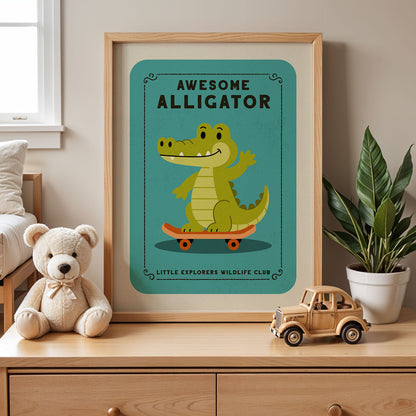 a framed poster of a cartoon alligator on a skateboard, accompanied by a teddy bear and a toy truck on a wooden dresser.