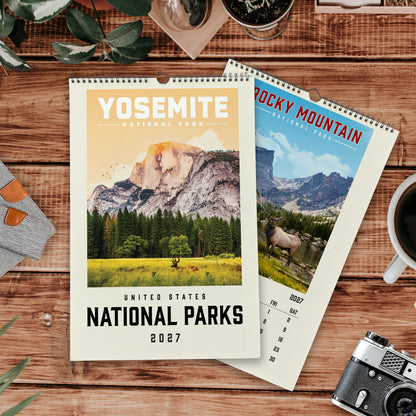 A calendar for Yosemite National Park and Rocky Mountain National Park, featuring scenic images of mountains, forests, and wildlife.