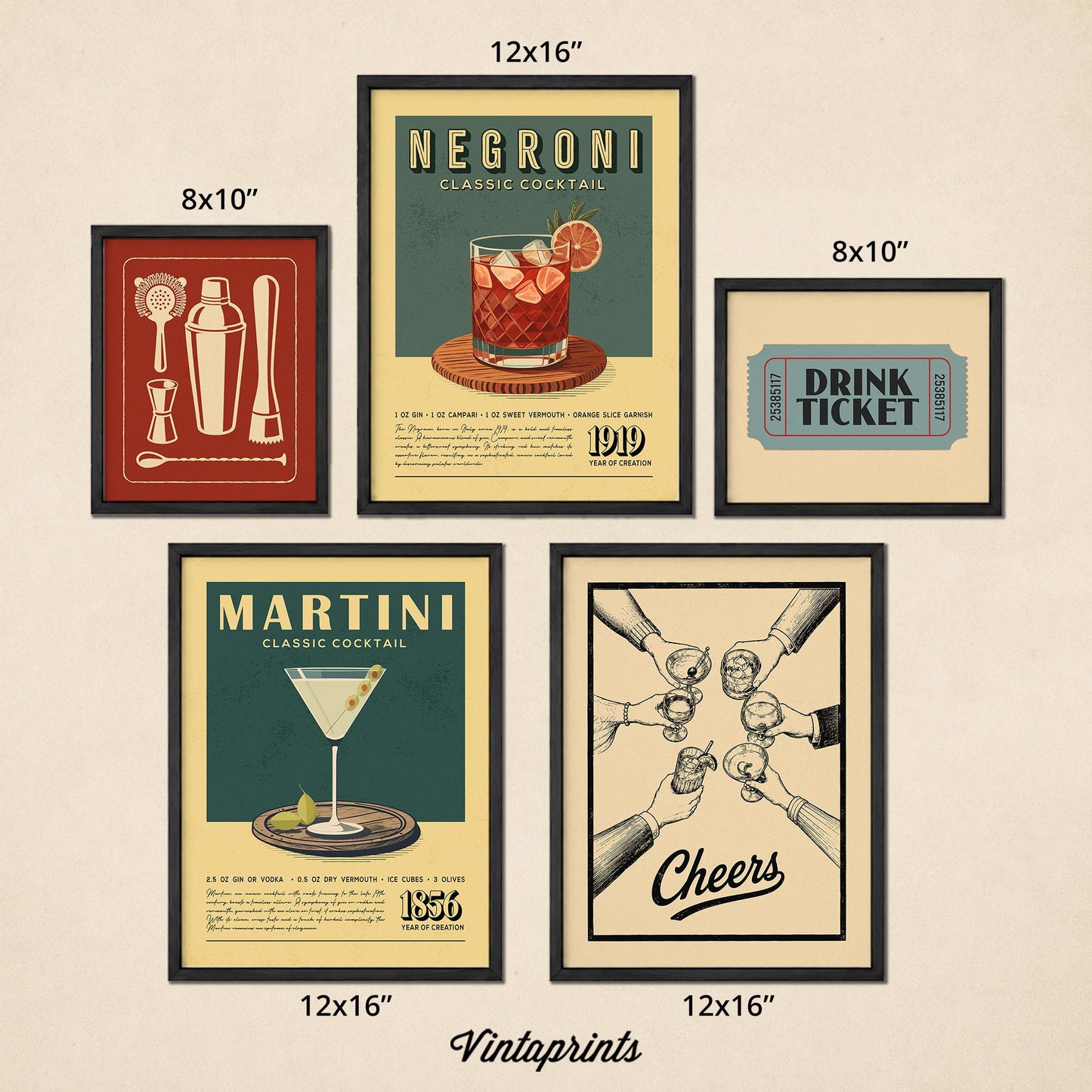 five framed vintage-style posters or advertisements for different types of cocktails, including Negroni, Martini, and Drinks.