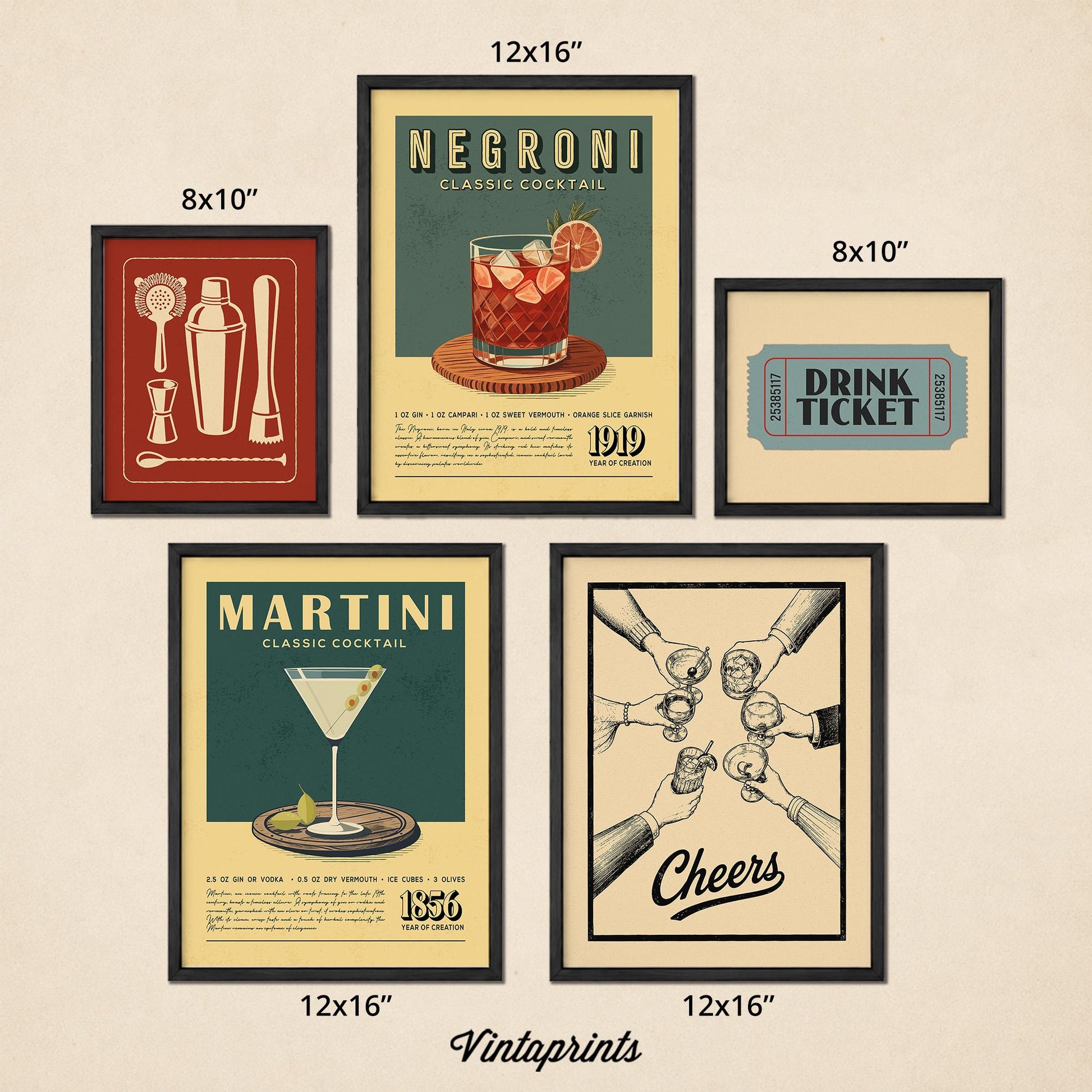 five framed vintage-style posters or advertisements for different types of cocktails, including Negroni, Martini, and Drinks.