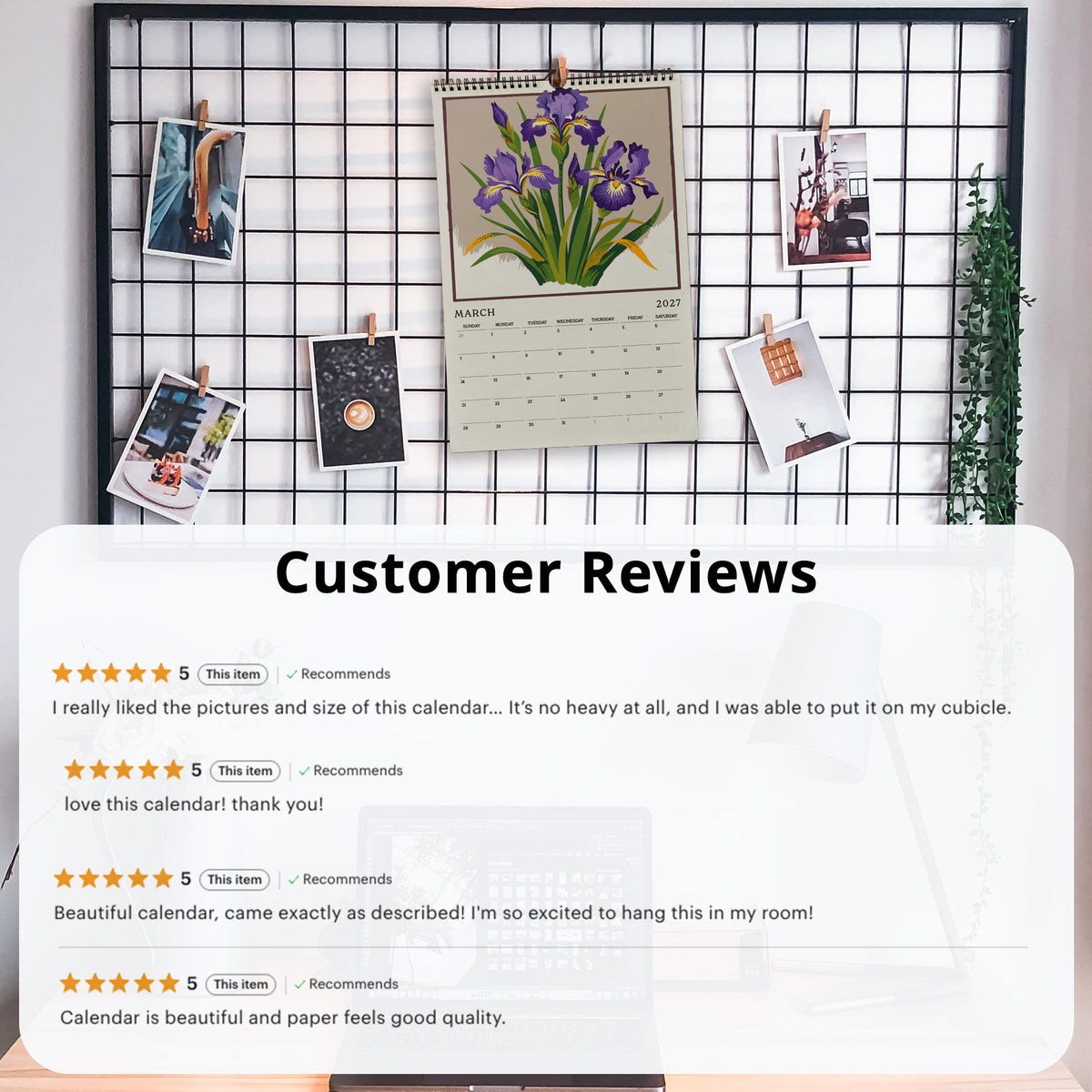 The image is a collage of various pictures and a calendar, displayed on a wire mesh background. The calendar has a purple cover with a flower design, and there are several customer reviews posted below it.